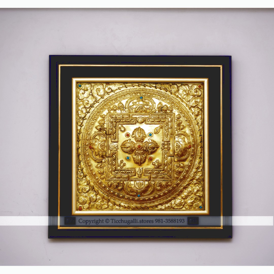 Brass bajra mandala double frame black with stone 21"